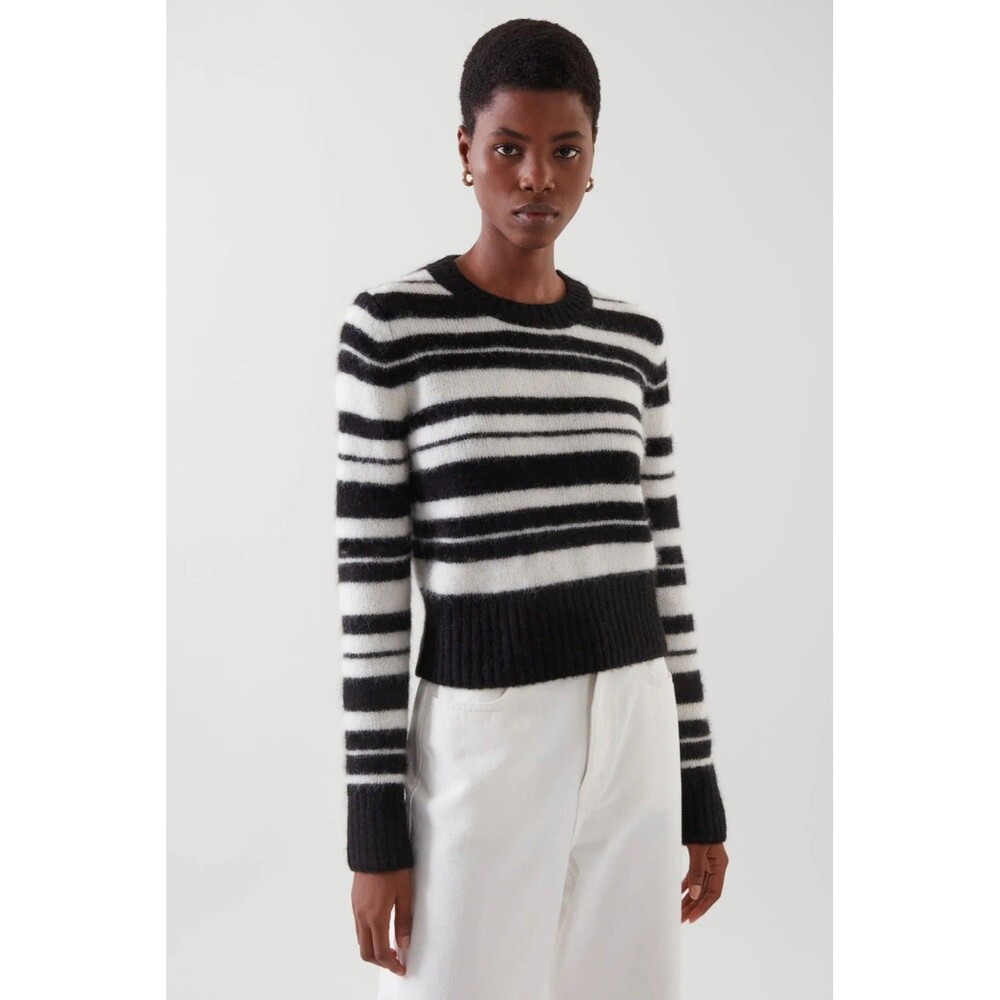Cos Women’s Sz Small Black White Striped Alpaca Wool Blend Sweater Quiet Luxury